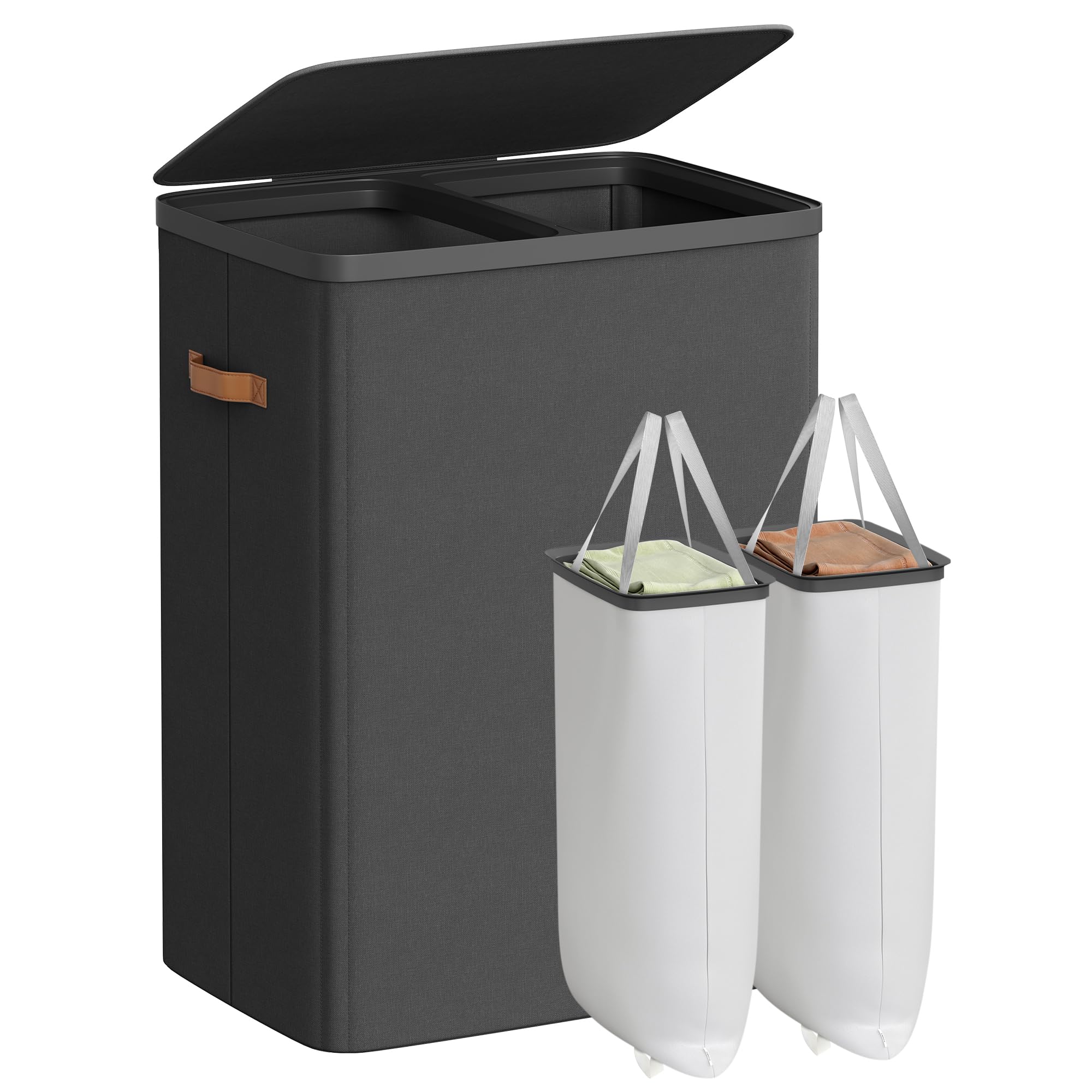 Photo 1 of SONGMICS Laundry Basket, 44.9 Gal. Laundry Hamper, 2 Compartments, Easy Assembly, with Lid and Handles, Removable Liners, 22 x 15.7 x 29.5 Inches, Ink Black ULCB813B01
