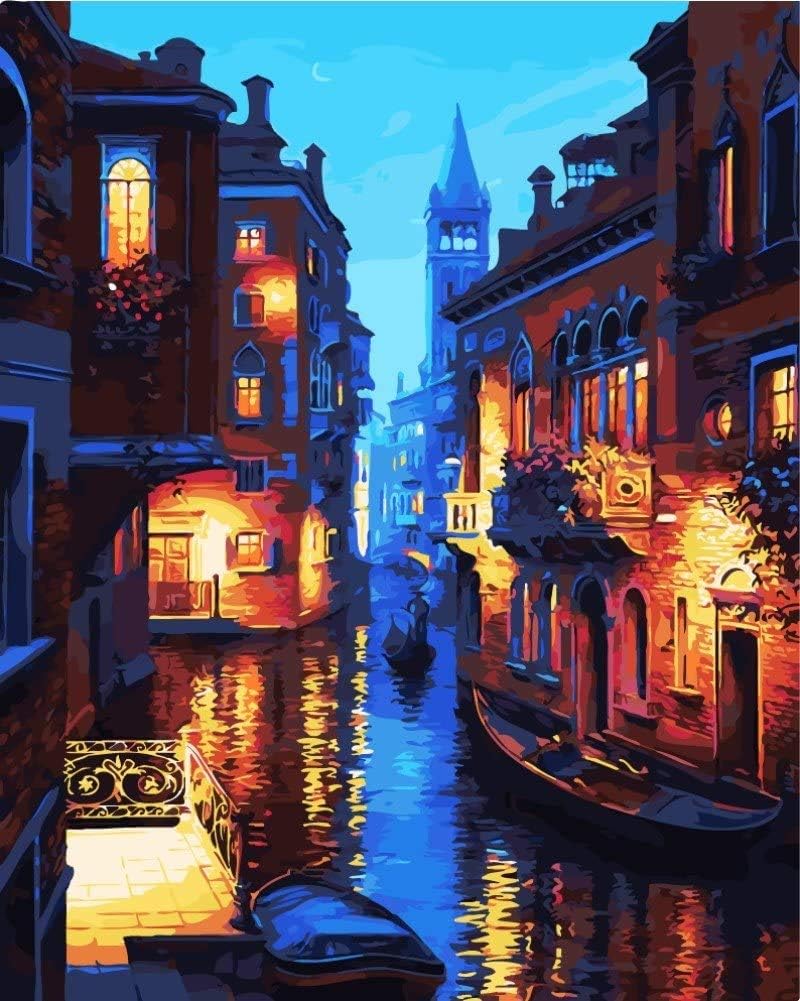 Hica Paint by Numbers Acrylic Painting DIY Kit for Kids & Adults Venice Night Pattern with 3 Brushes & Bright Colors,16” x 20”