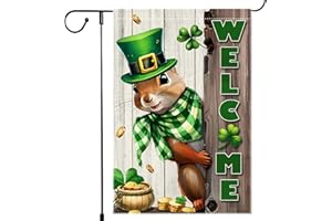 RMXJKIIU Spring St Patricks Day Garden Flag 12x18inch Double Sided Burlap The Squirrel Lucky Shamrock Garden Flags Happy St. Patrick's Day For Outdoor Yard Patio Lawn Decor,Green Hat with Clovers Gold Coin Pot Welcome Outside Decorations Banner