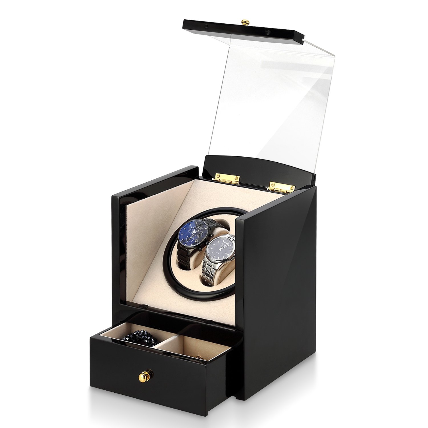 Automatic Watch Winder Box Luxury Wooden for 2 Wrist Watches + 2 Storage Case