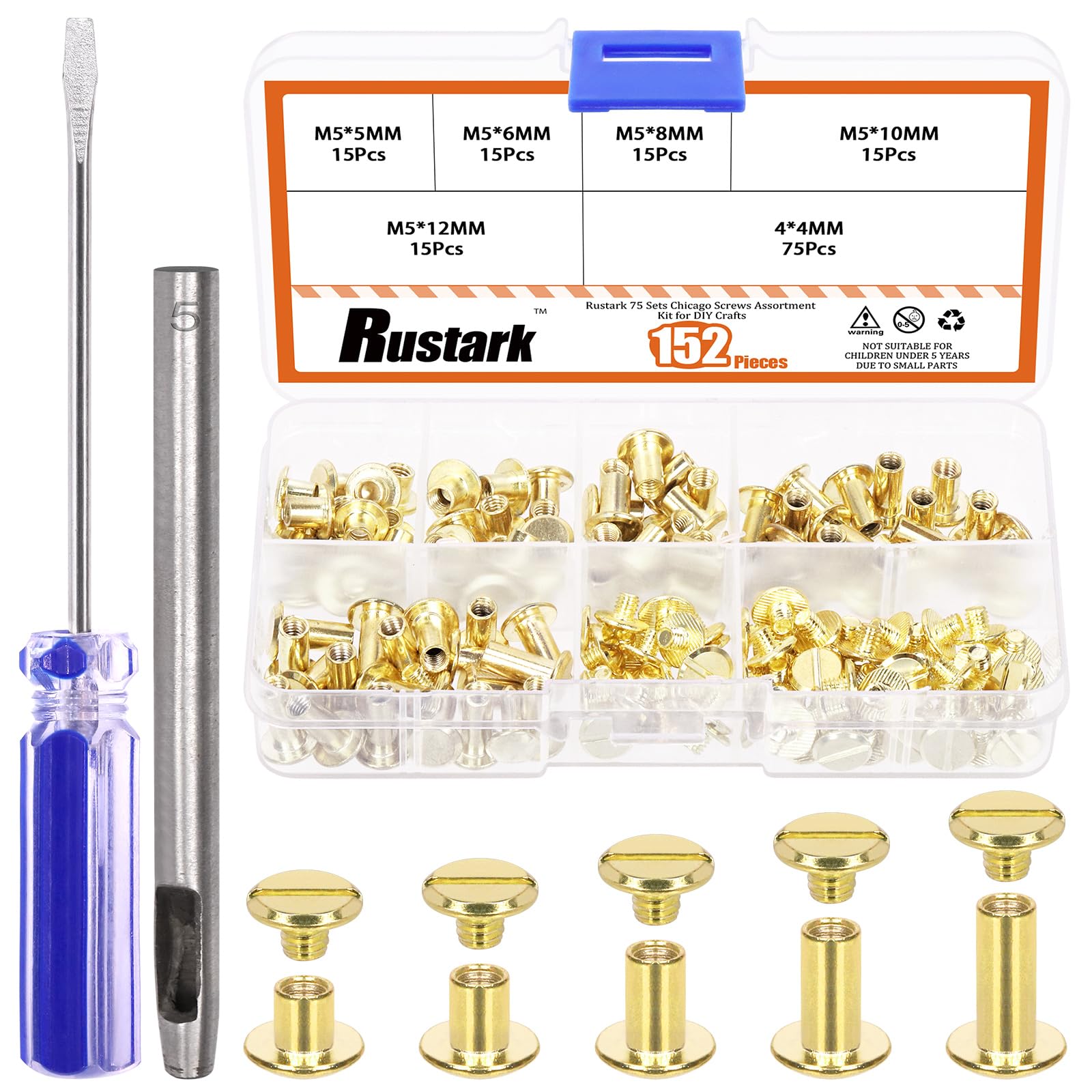 Rustark 75 Sets 5 Sizes M5 Gold Chicago Screws Assorted Kit with Setting Tools Kit, Round Flat Head Chicago Rivets Chicago Bolts Chicago Metal Screws Studs for DIY Leather Craft Bookbinding