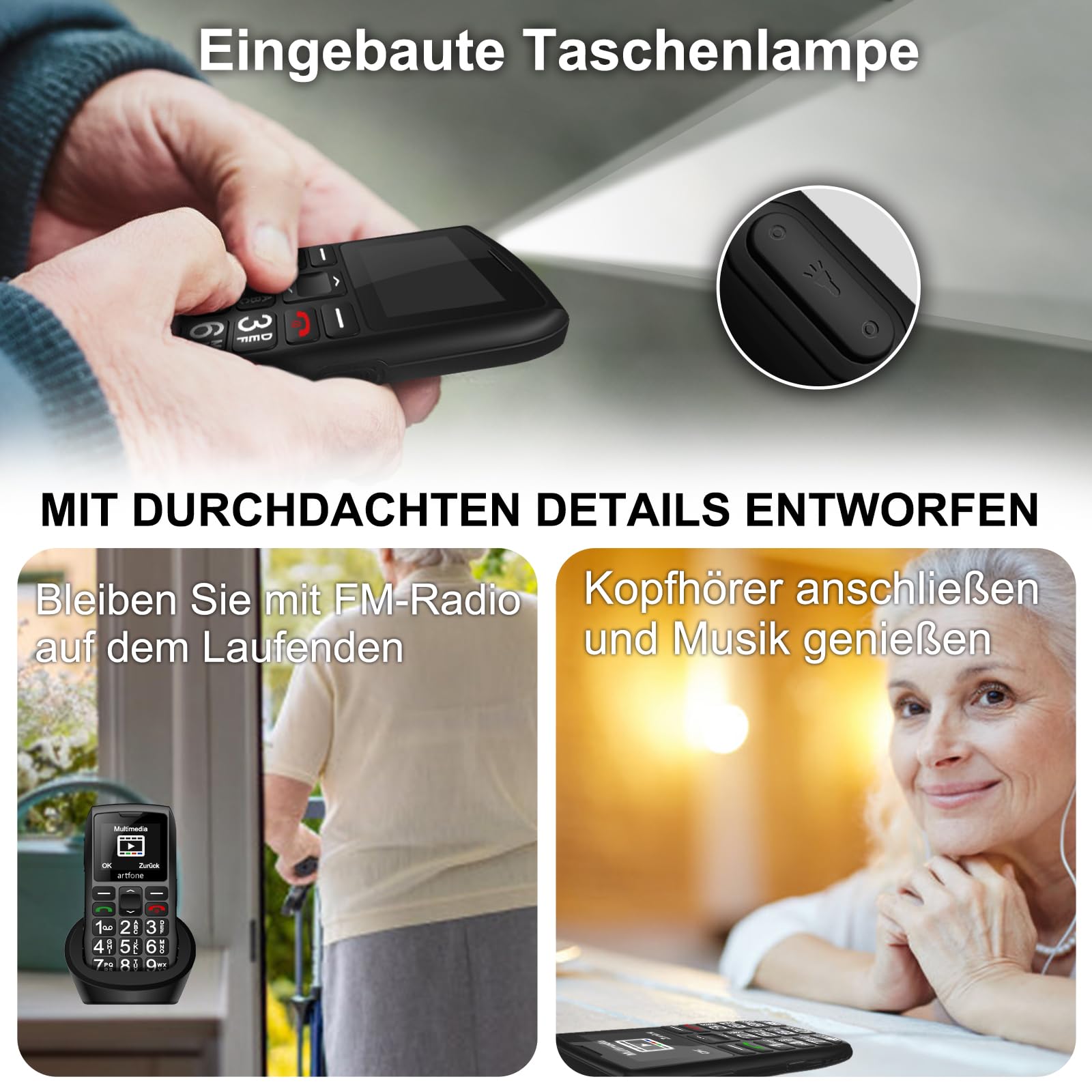 artfone C1+4G Big Button Mobile Phone for Elderly?USB-C, Charging Dock?1800mAh Battery?Easy to Use Basic Elderly Phone?SIM Free Unlocked Senior Mobile Phone?SOS Button?FM Radio?Time Reporting - Black