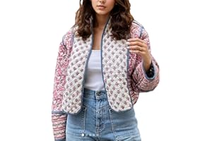 Yozazzy Women's Cropped Floral Quilted Jacket Lightweight Open Front Padded Puffer Coat