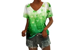 QWENTMTNTY Womens St Patricks Day Shirt V Neck Short Sleeve Sequin Print T-Shirts Casual Festive Irish Flag Shamrock Shirts