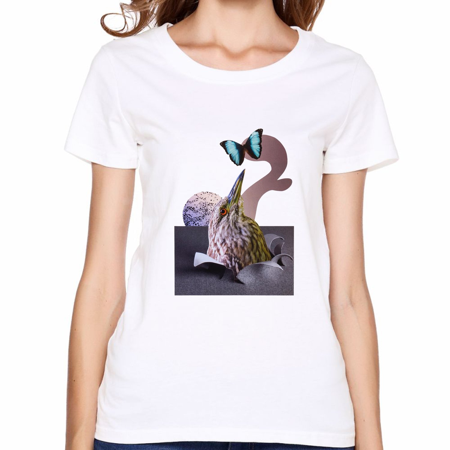 Jackdona Cool Bird With Butterfly Graphic T-shirt Crewneck Short Tee