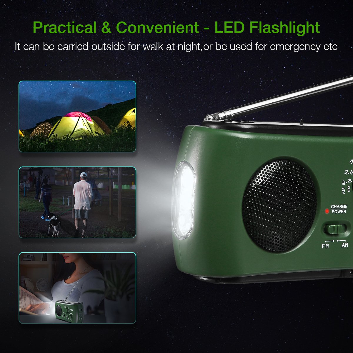 EBL Portable FM/AM Radio Emergency Solar Hand Crank Rechargeable Radio with LED Flashlight for Household Camping Traveling (Green)