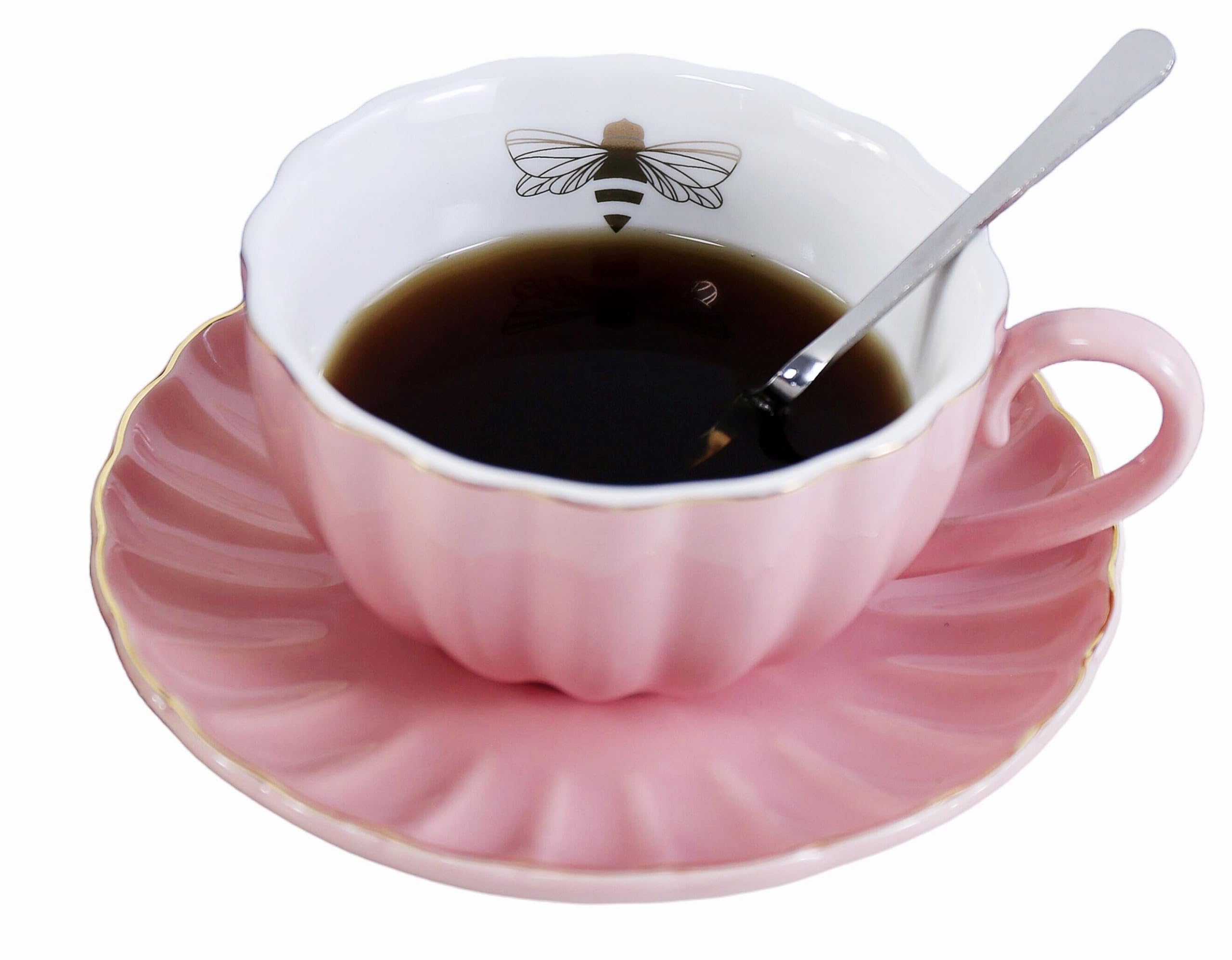 YBK Tech Strength Porcelain Tea Sets, Cup and Saucer Set- Gold Bee Inside The Cup (Pink)
