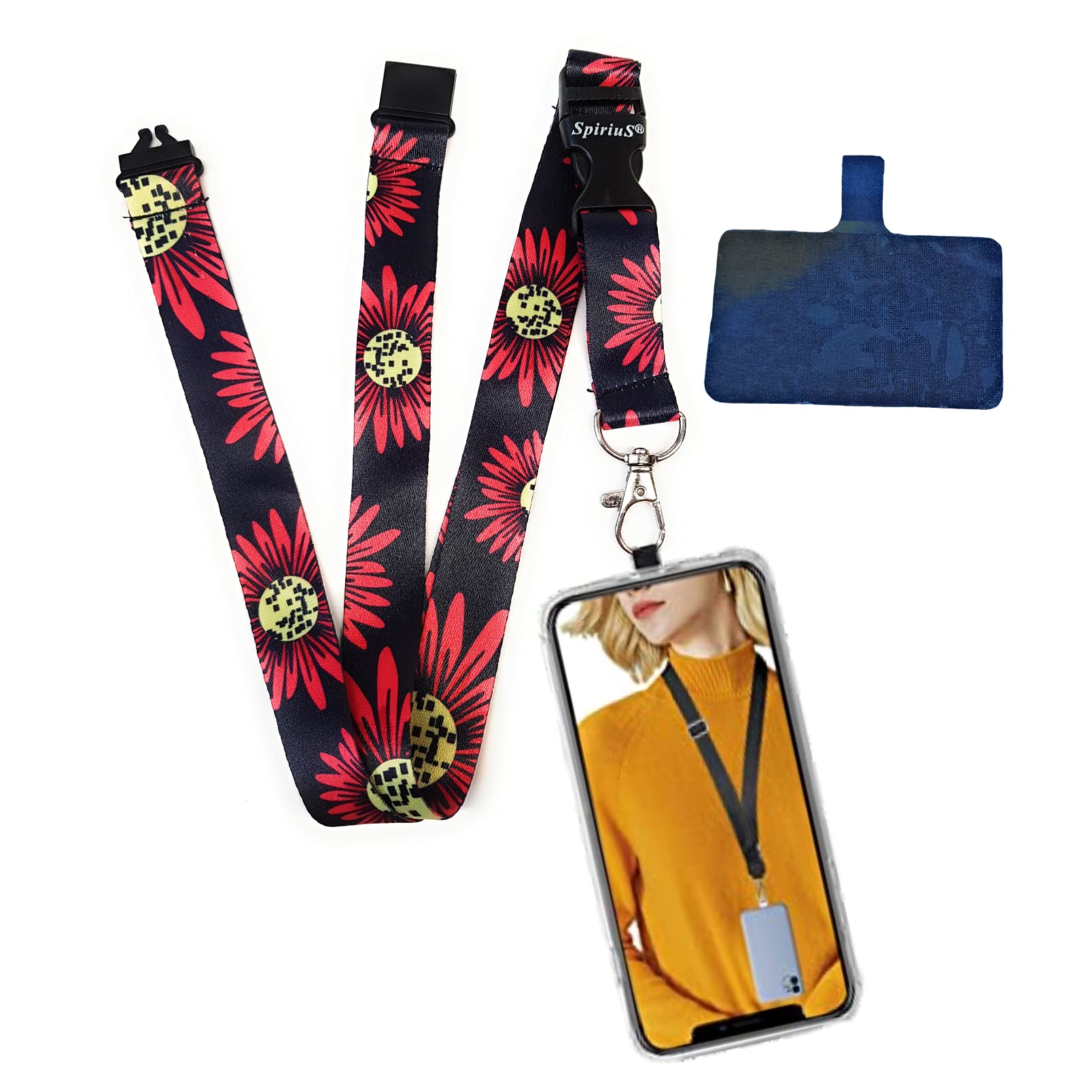 SpiriuS Universal Phone Lanyard Neck Strap with Detachable Patch sticker Compatible with all Smartphones for iPhone Google Pixel LG HTC Huawei (big red flowers)