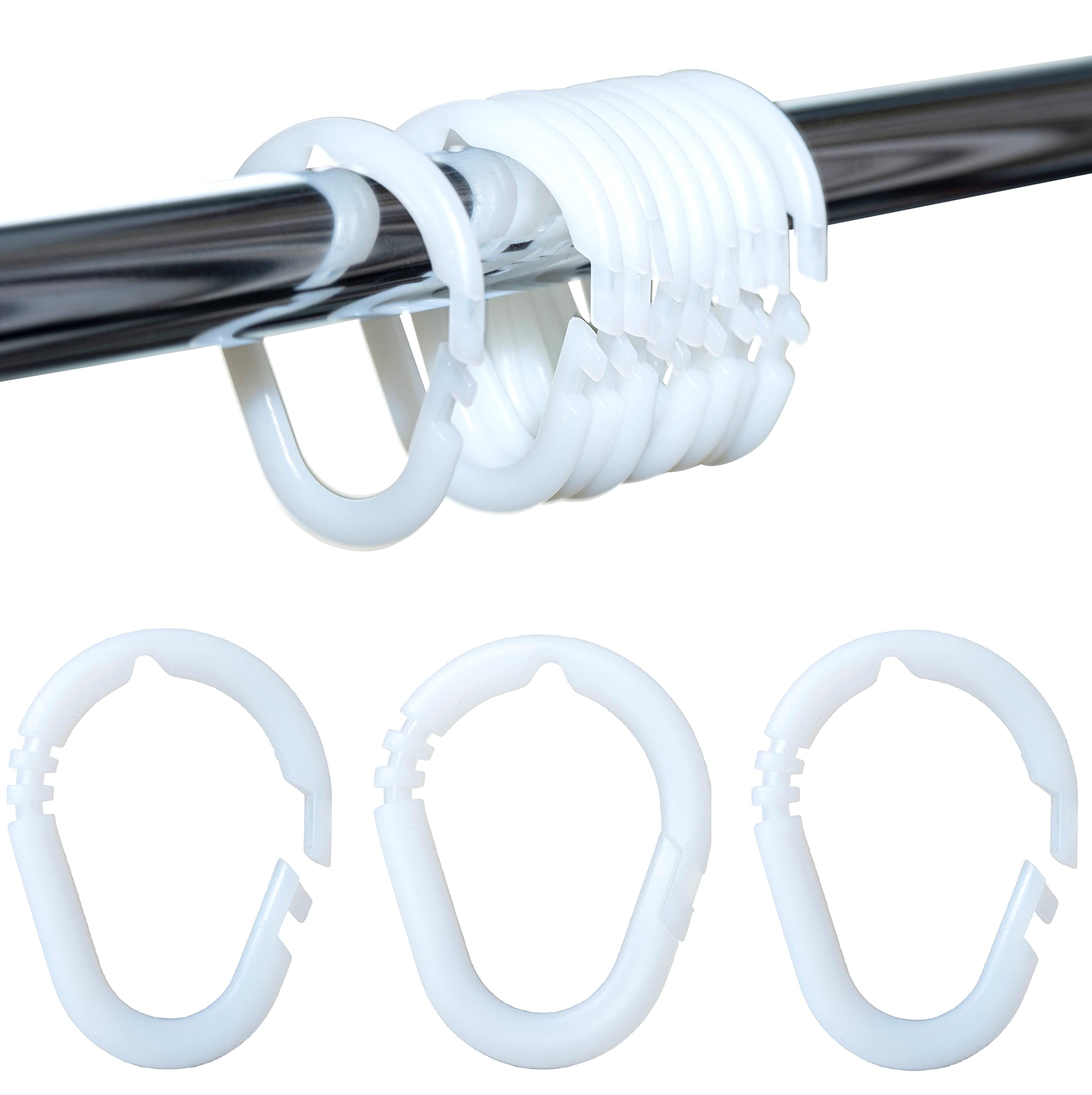 IPEA Shower Curtain Rings with Openable Hook - 24 Pieces - Made in Italy - Super Strong Plastic Sliding Hooks for Bathroom Curtain Rod - White Colour - Inner Width 45 x 35 mm