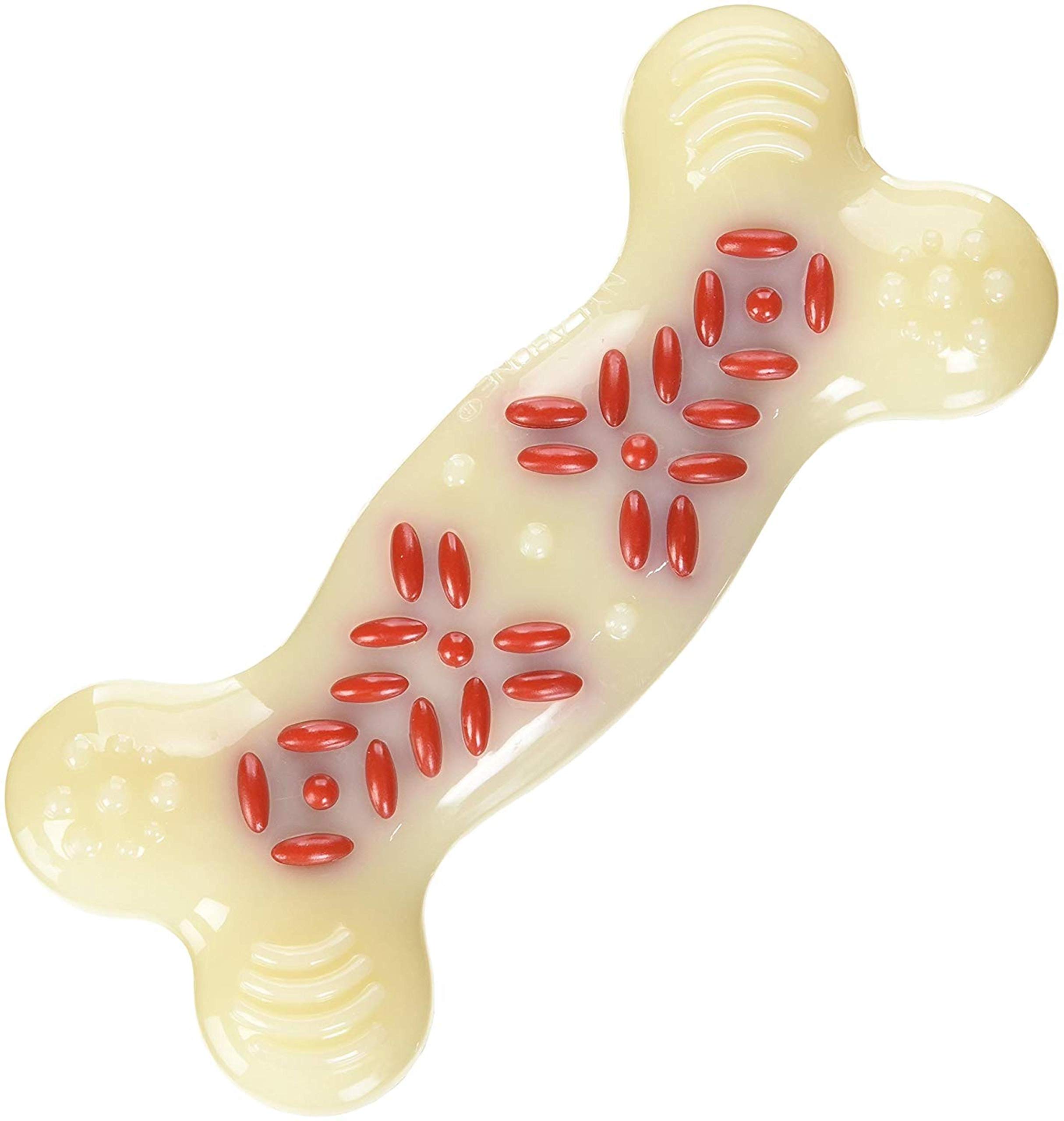 Nylabone Extreme Tough Dog Chew Toy Dura Plus, Ridges & Nubs Help Clean Teeth, Bacon Flavour,White/Pink, L, for Dogs Up to 23 kg