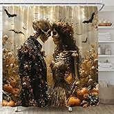 YSATNSFT Sugar Skull Shower Curtain Gothic Romance Love Skeleton Couple Day of The Dead Floral Bat Horror Halloween Fabric Bathroom Decor Set with Hooks,(70
