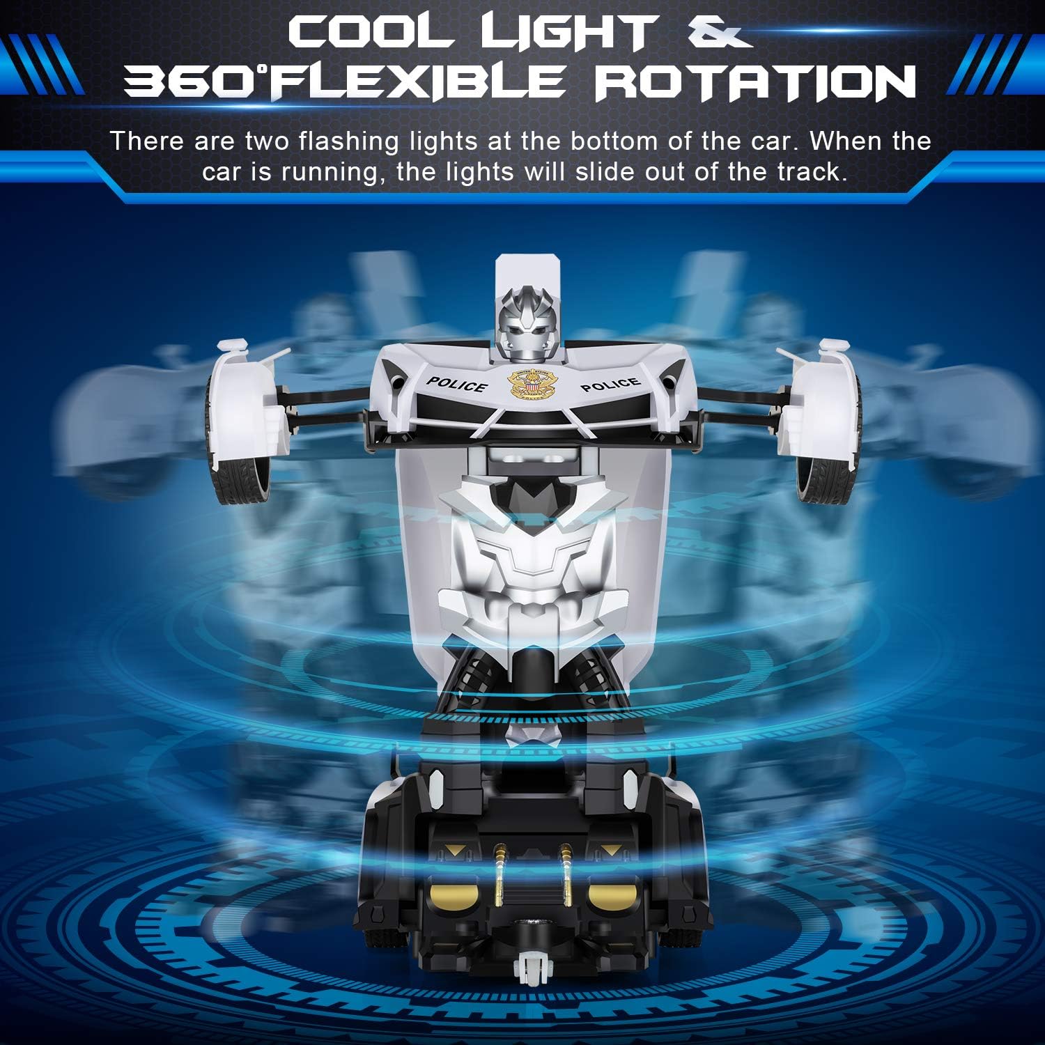 ZENFOLT Transform Car Robot, Remote Control Car One Button Transforms into Robot with Flashing Lights, RC Transforming Police Car Toy with 360 Degree Rotating Drifting: Toys & Games