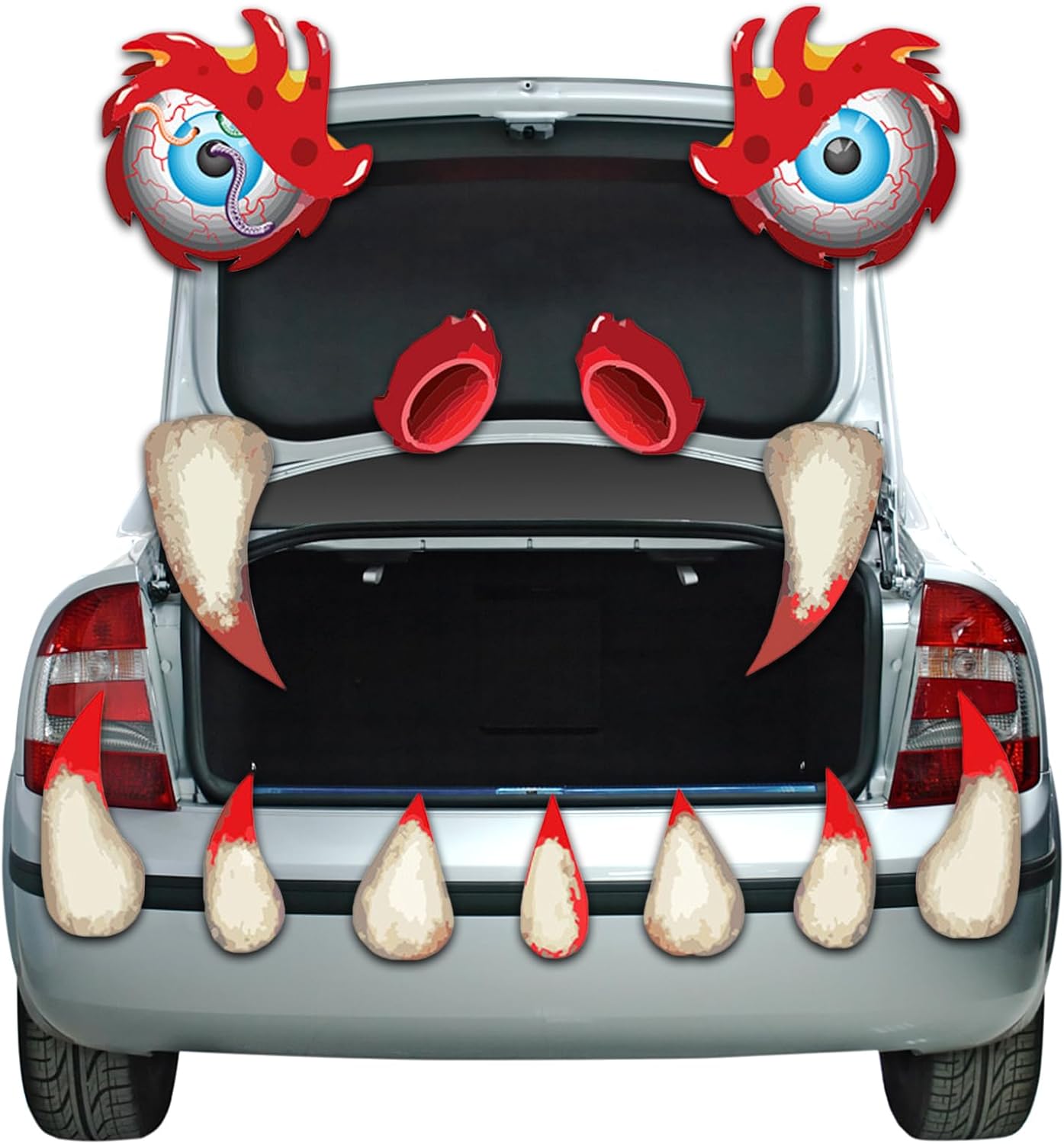 Garage Door Decorations - TUSAUW Halloween Monster Face Trunk or Treat Car Decorations Kit Monster Face Decorations, Outside Garage Archway Door Double Side Stickers Home Party Supplies with Eyes, Fangs, Nostrils(Red White)