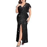 ZOMVA Plus Size Formal Maxi Dress Sparkly Ruched Ruffle Sleeve V Neck Wrap Slit Cocktail Wedding Guest Prom Evening Gown