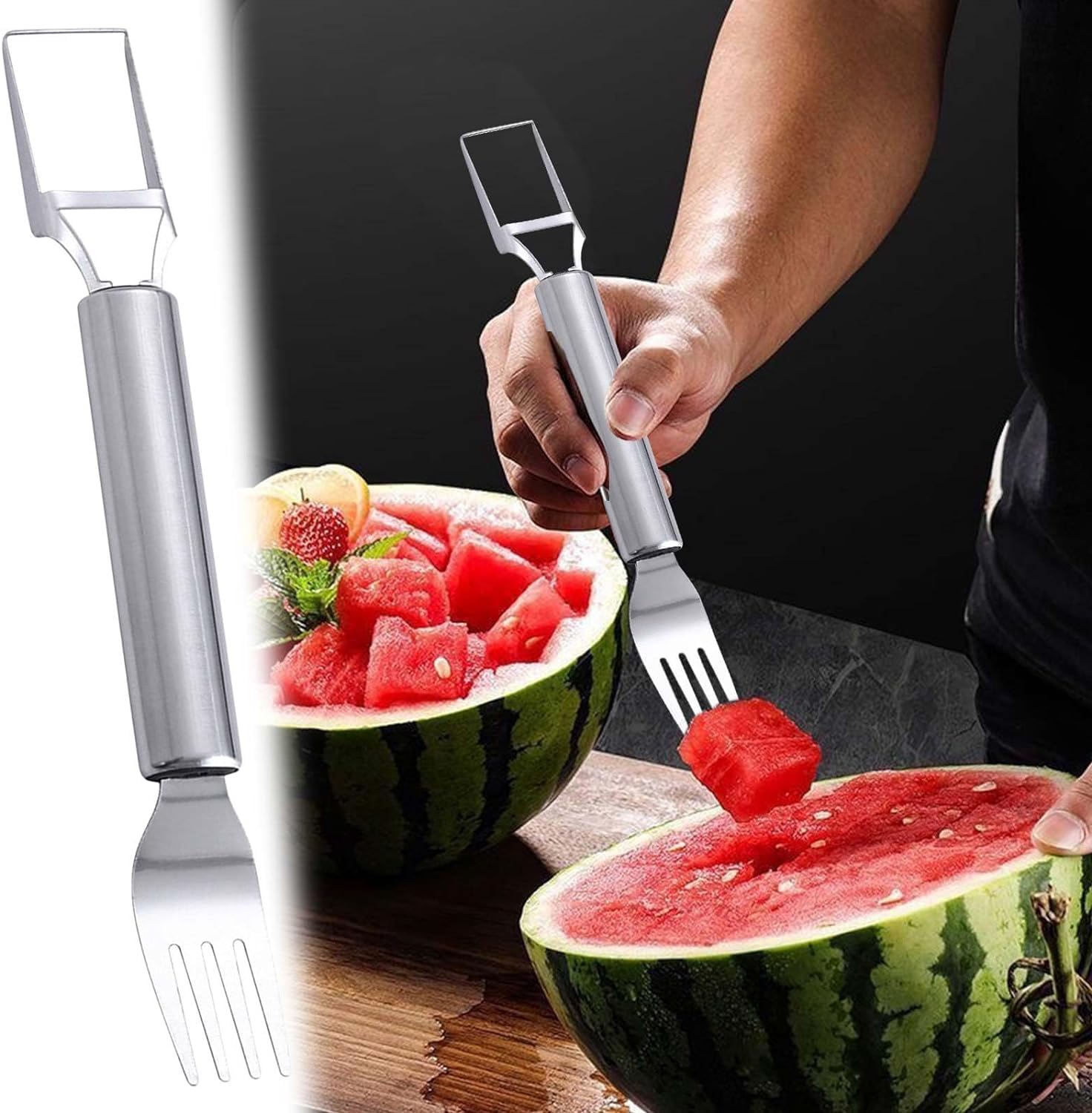 1 x silver watermelon cutter, 2-in-1 stainless steel fruit cutter, watermelon fork slicer, fruit cutter for cantaloupe, dragon fruit, papaya, watermelon, fruit peeler cutter