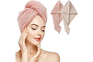 Drying Hair Towel Wrap, Microfiber Fast Dry Hair Towels Turban with Button 2pieces Soft Super Absorbent Bath Shower Hair Cap