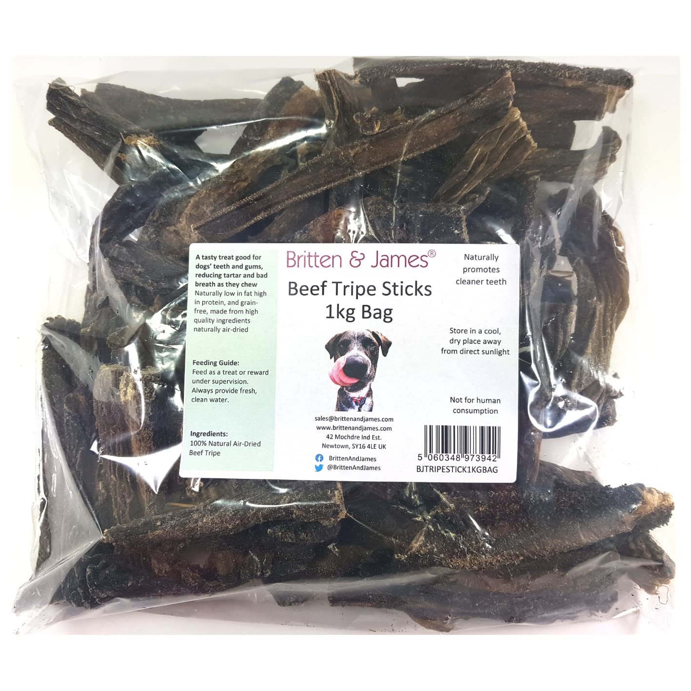 Beef Tripe Sticks for Dogs (1kg refill bag) by Britten and James. A 100% Natural Dog Treat - Reduces Tartar and Bad Breath - Good for Teeth and Gums