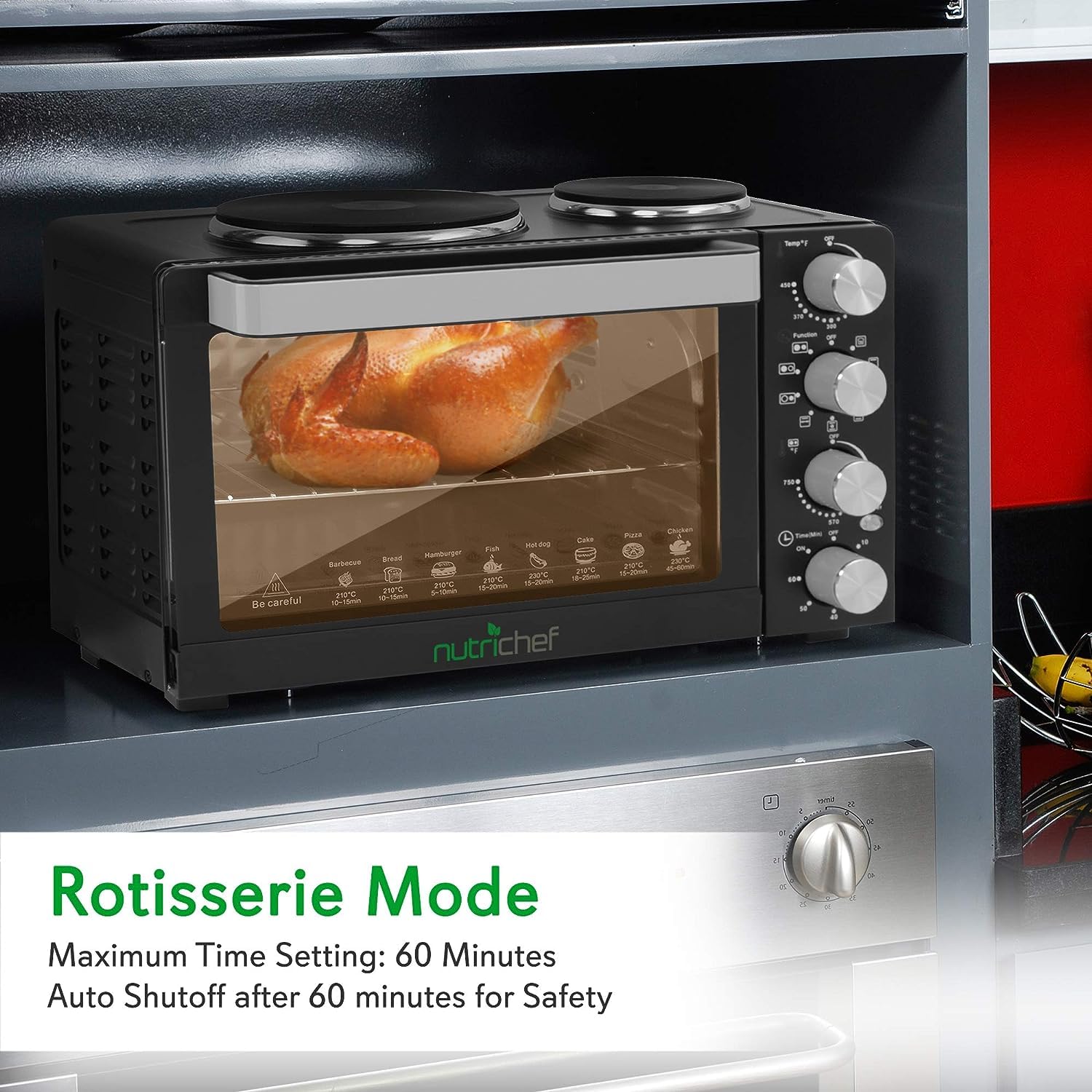 NutriChef 30 Quart Kitchen Convection Oven & 2 Burner Cooker - 1500 Watt Oven - 7 Cook Functions Rotisserie, Cook, Bake, Broil & More - Includes Baking Tray, Skewers & Handles - 19.6 x 16.0 x 13.5 IN