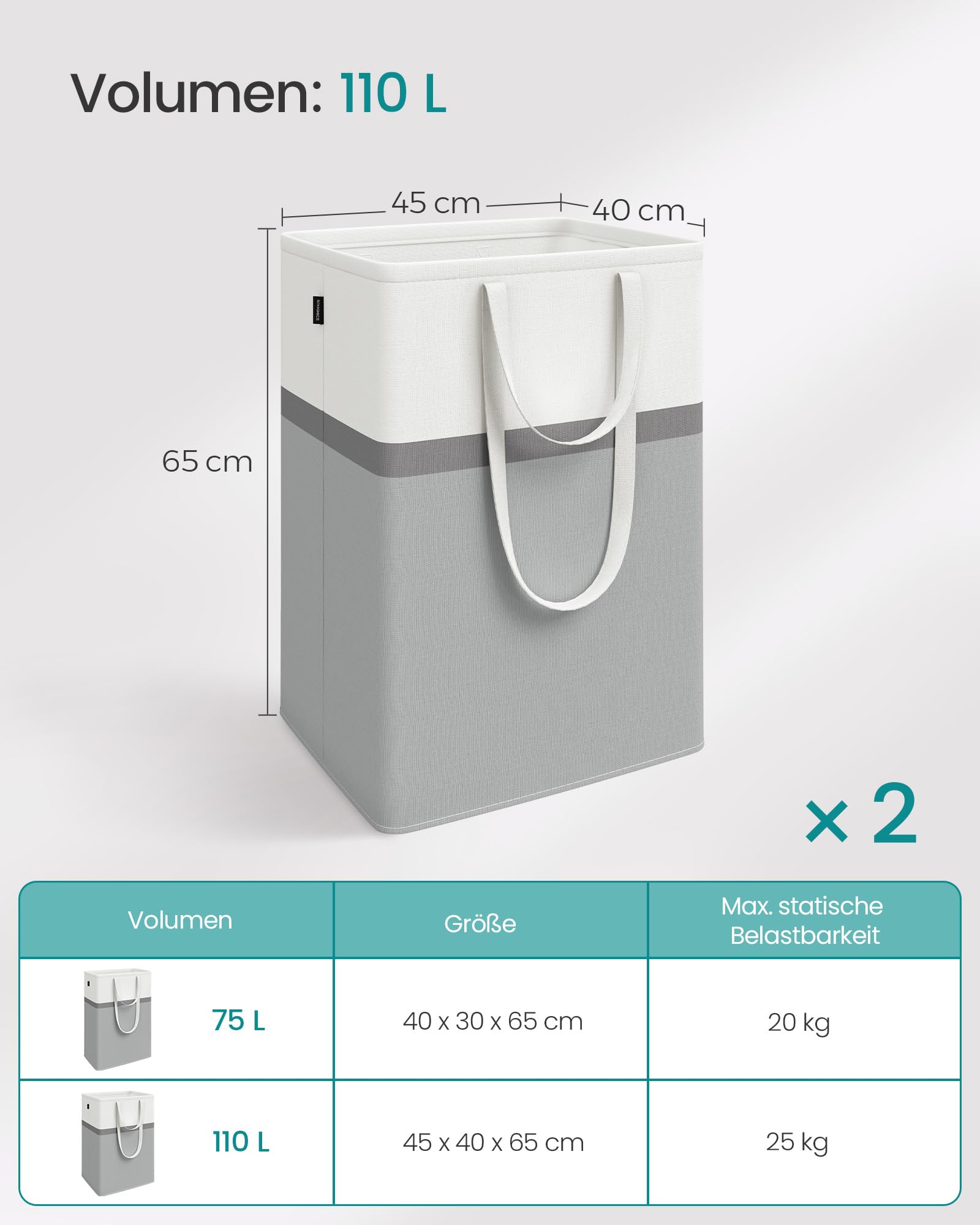 SONGMICS Wäschekorb 2er Set, 110 L Wäschesammler faltbar, mit kurzen und langen Griffen, leicht zu tragen und zu reinigen, freistehend, für Schlafzimmer Badezimmer, taubengrau LCB210G02 6