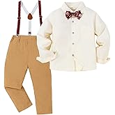 DISAUR Boy Formal Suits Wedding Outfit Long Sleeve Button Down Dress Shirt Bow Tie Suspender Pants Gentleman for 5-9 Years