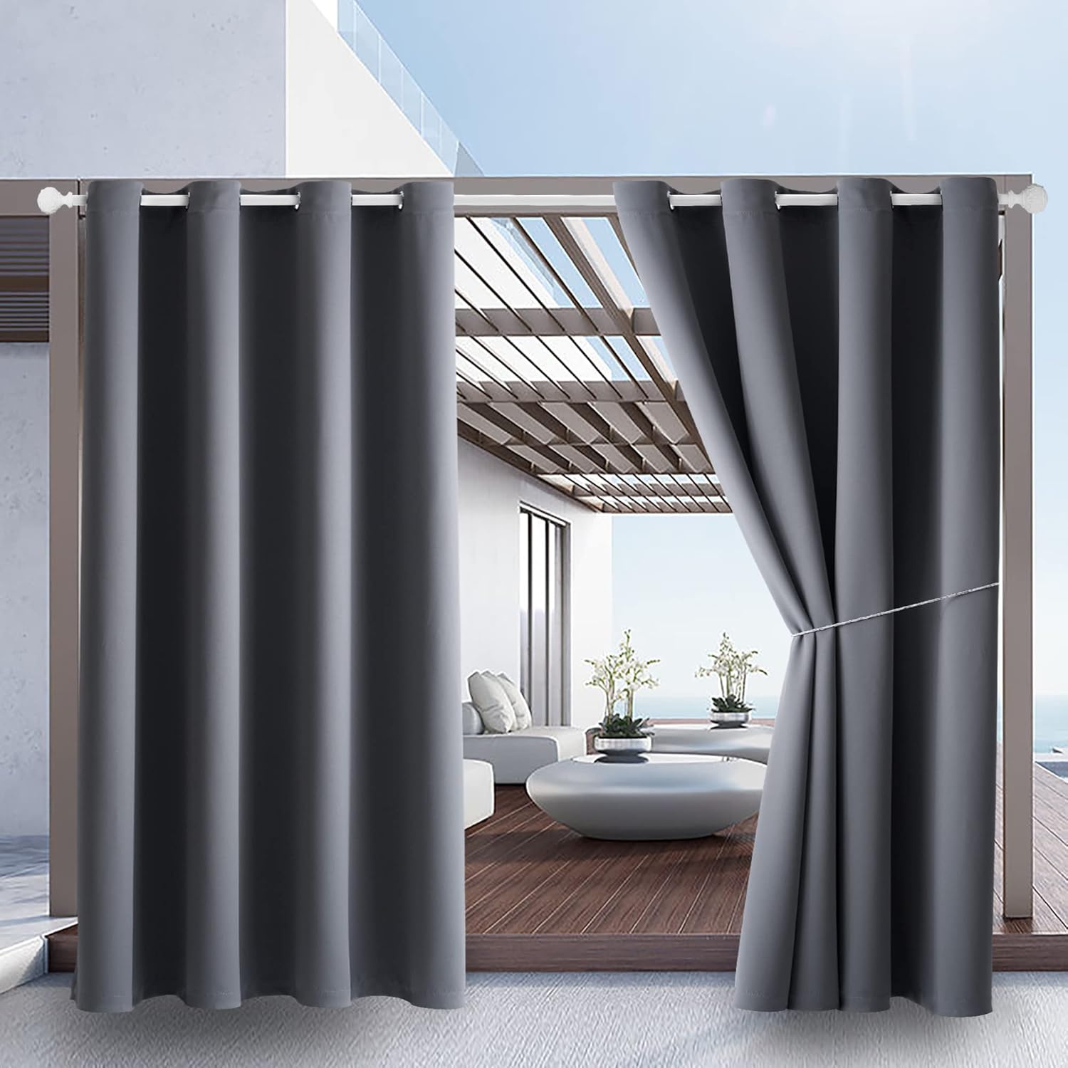 Outdoor Curtains - Waterproof Outdoor Curtain W52 x L84 - Grommet Top Sunlight Blocking Window Treatment Drapes Blackout Curtains for Home Bedroom Living Room Outdoor Patio Porch Pergola Cabana Gazebo (Gray, 2 Panels)