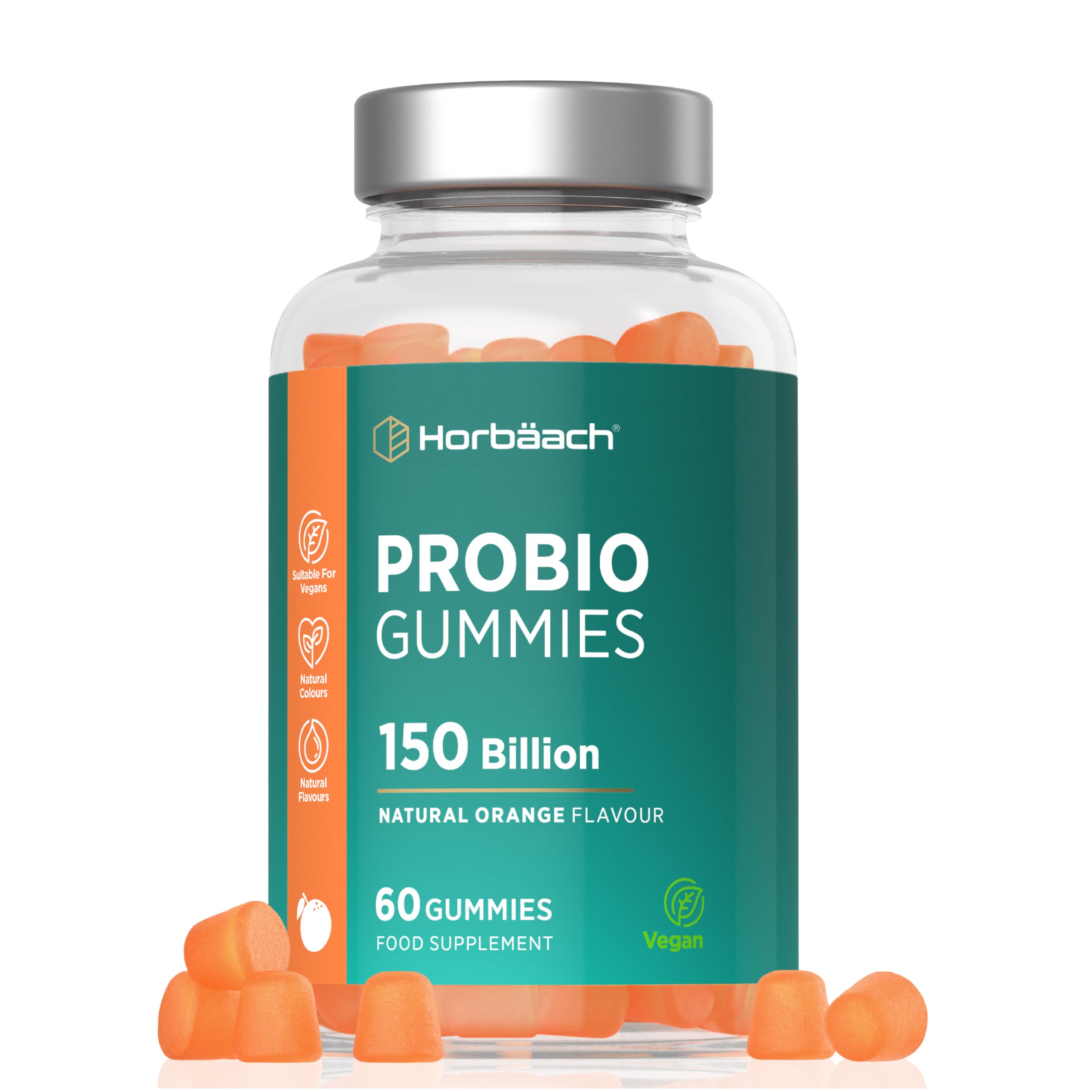 ProBio Gummies | 150 Billion Friendly Bacteria Per Bottle | Happy Gut | Multi-Strain | 2.5 Billion x 60 Orange Flavour Gummies | for Men & Women | Vegan | 60 Count | By Horbaach