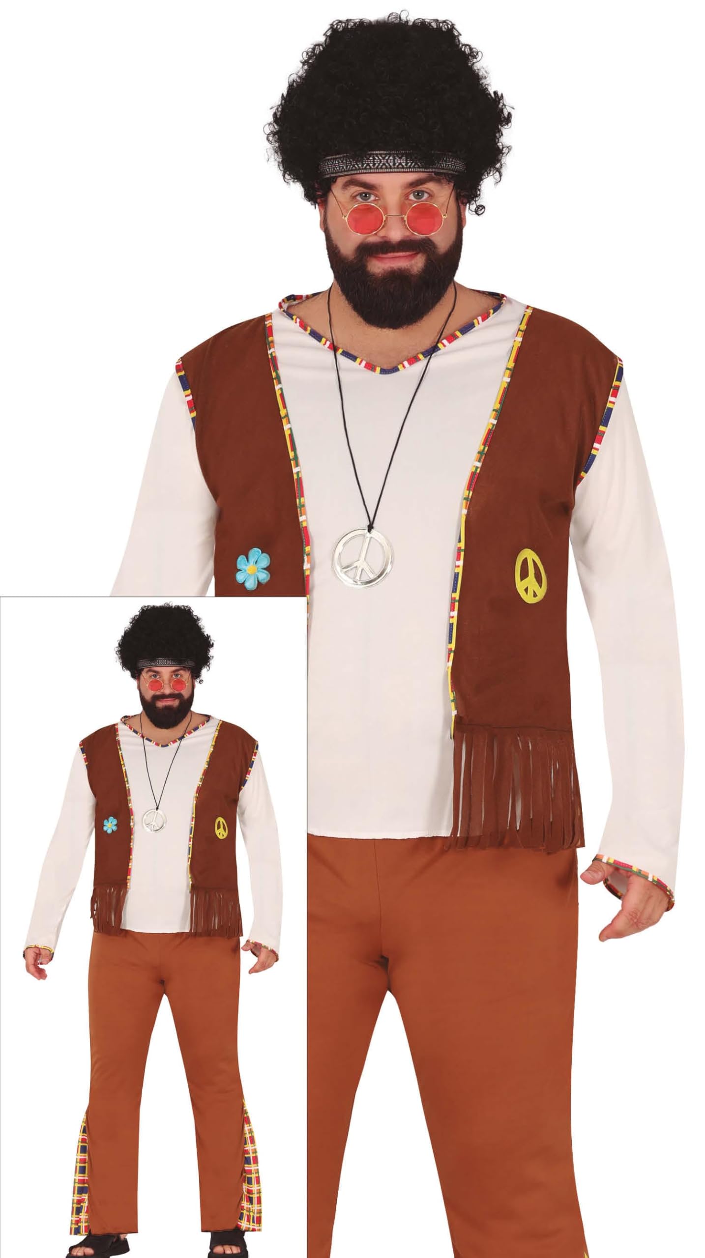 FIESTAS GUIRCA | Hippie Flower Fancy Dress Adult (42-44/L) - Shirt, Waistcoat, Headband and Trousers - 60s and Retro Style Costumes for Fancy Dress Parties and Carnival - Men - Brown