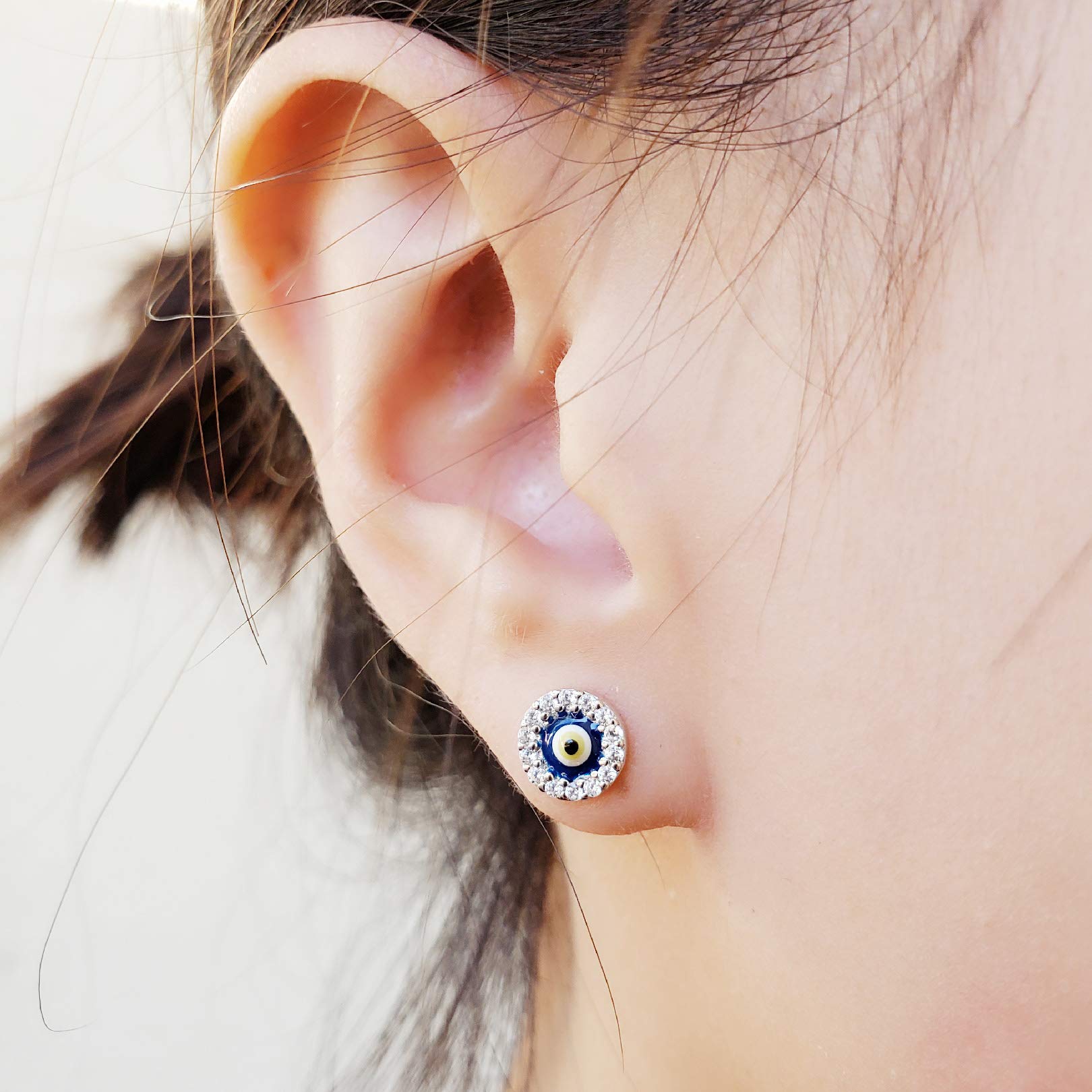 Rhodium-Plated Sterling Silver Cubic Zirconia with Resin Mini Round Shape Evil Eye Stud Earrings