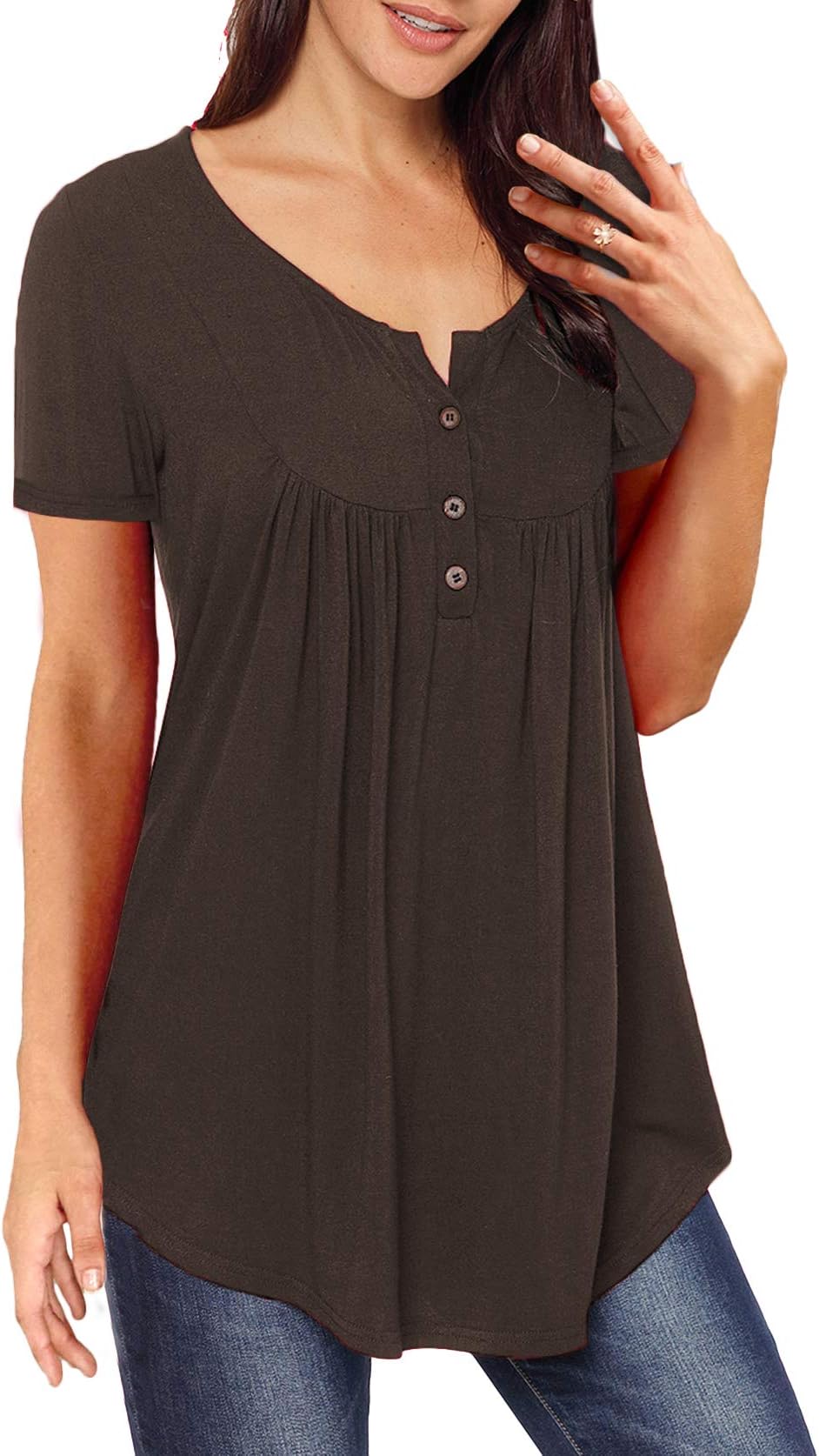 Mystry Zone Women Blouse Short Sleeve Summer Tunic Tops Casual Solid T Shirts Brown XXL