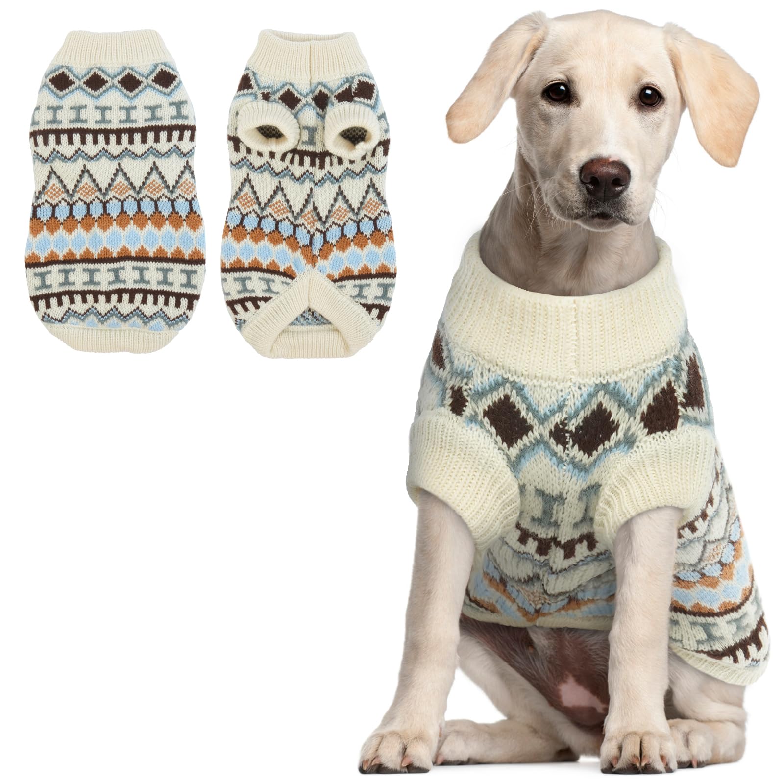Hjumarayan Dog Jumper - Boho Dog Jumpers Small Medium Large, Knitted Christmas Sweater with Harness Hole, Thick Warm Winter Clothes for French Bulldog, Cocker Spaniel, White XL