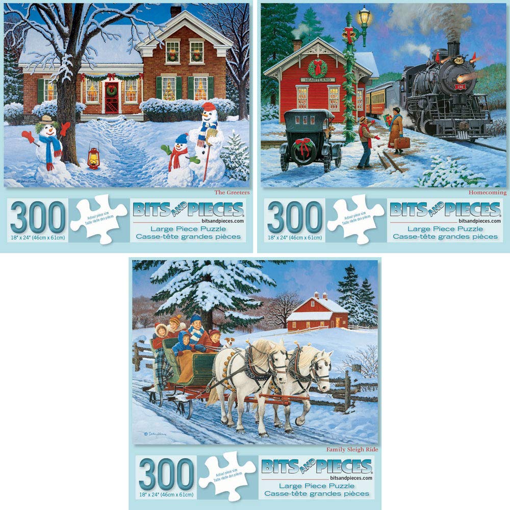 Bits and Pieces - Value Set of Three (3) 300 Piece Jigsaw Puzzles for Adults - Each Puzzle Measures - 300 pc The Greeters, Homecoming, Family Sleigh Ride Puzzle