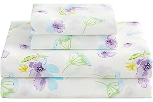 Floral Full Bed Sheet Blue and Purple Flower Double Bed Sheets - 4 Piece Soft Microfiber Patterned Fitted Sheets with 15" Dee