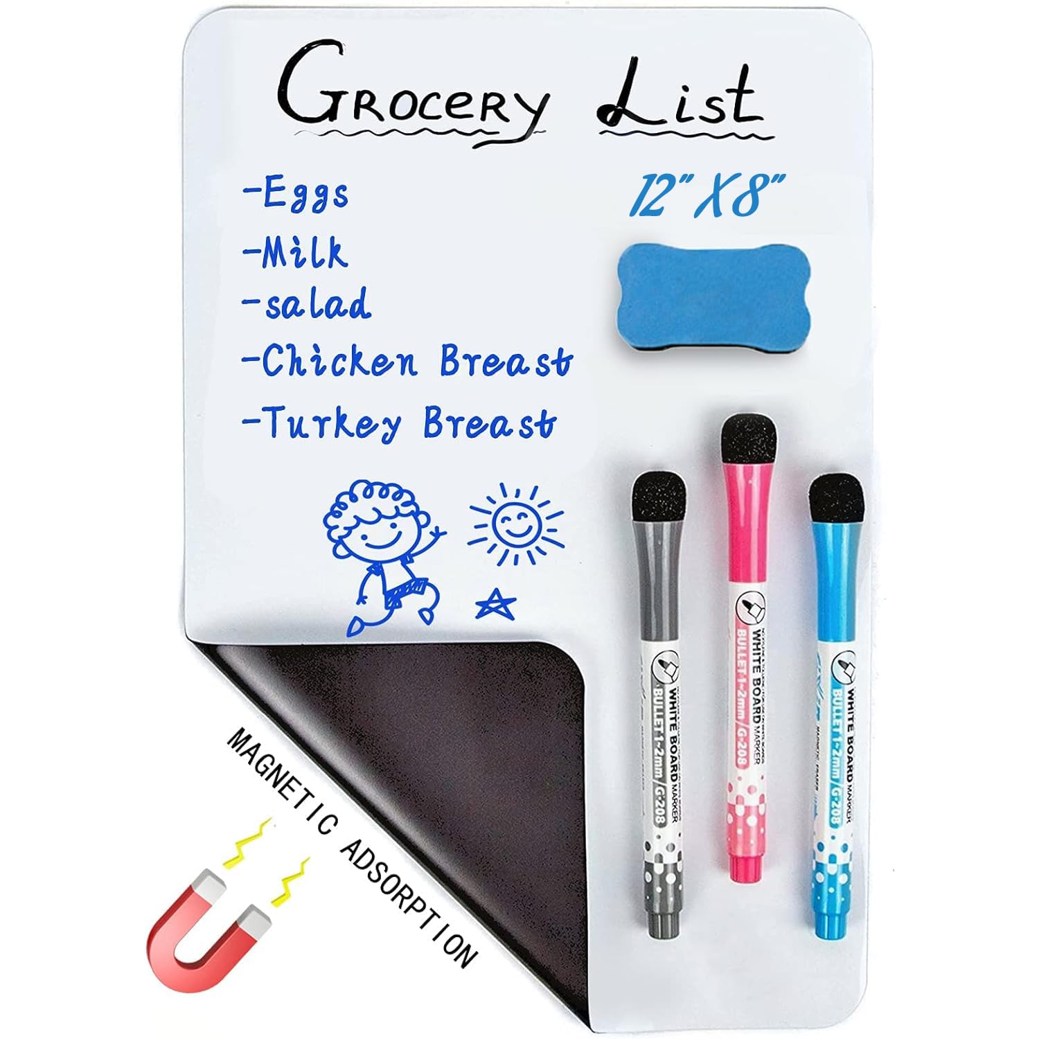 Magnetic Dry Erase Whiteboard Sheet for Fridge, A4 Size Magnet Reminder Board, Planner Board or to Do List Whiteboard, 1 Magnetic Eraser+3 Whiteboard Pens