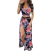 WOKANSE Women's Sexy 2 Piece Outfits Summer Beach Boho Floral Dress V Neck Crop Tops and High Split Maxi Skirt Sets
