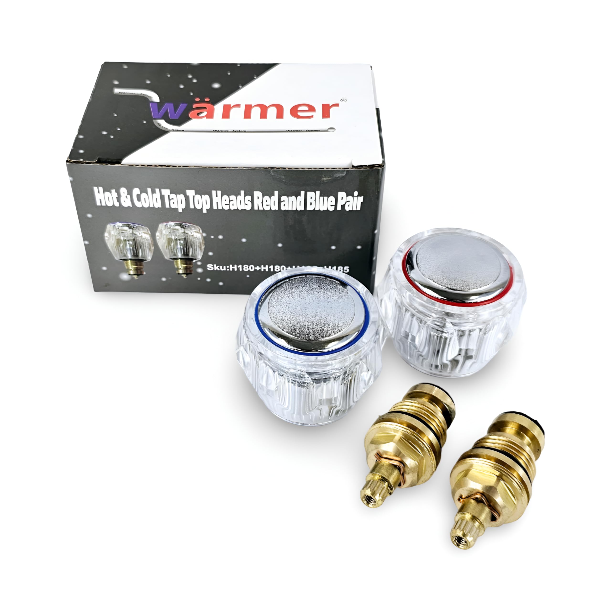 Wärmer System Tap Repair Kit – 2 Tap Heads + 2 Brass Valves – Hot & Cold Replacement Valves for Bathroom & Kitchen – 1/2" Reviver Set