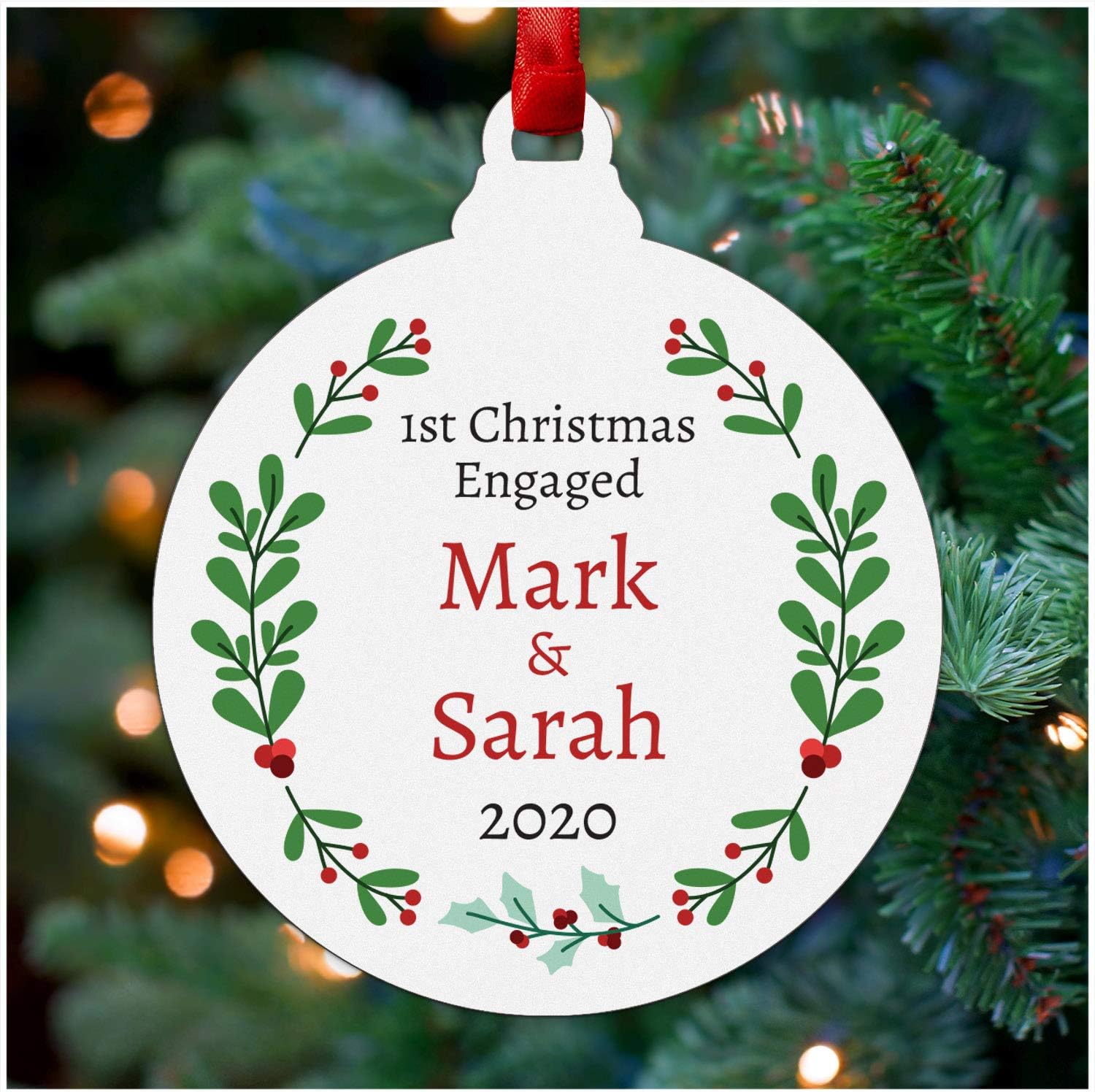 Our First Christmas Engaged Tree Decoration - PERSONALISED Christmas Engagement Gifts for Couples - White Acrylic Hanging Ornament for Fiance - Fiance Gifts for Him - Engagement Christmas Bauble
