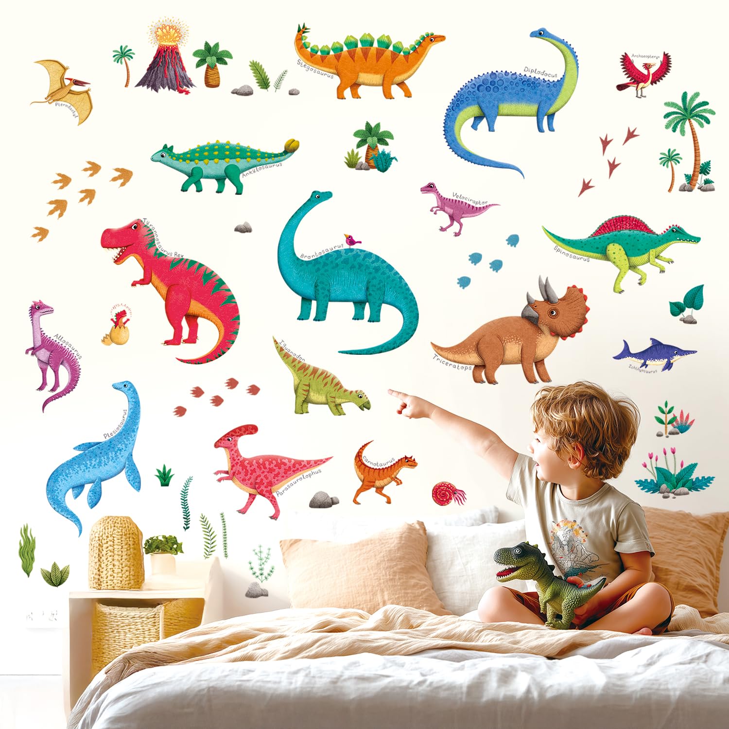 DECOWALL DS9-2115 16 Dinosaur Wall Stickers Colourful Jurassic Decals Peel and Stick Removable for Kids Nursery Bedroom Living Room Art Home Decor