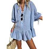 CHARTOU Women Summer Lace Ruffle Mini Dress 3/4 Bow Sleeve Beach Loose Peplum Babydoll Dress