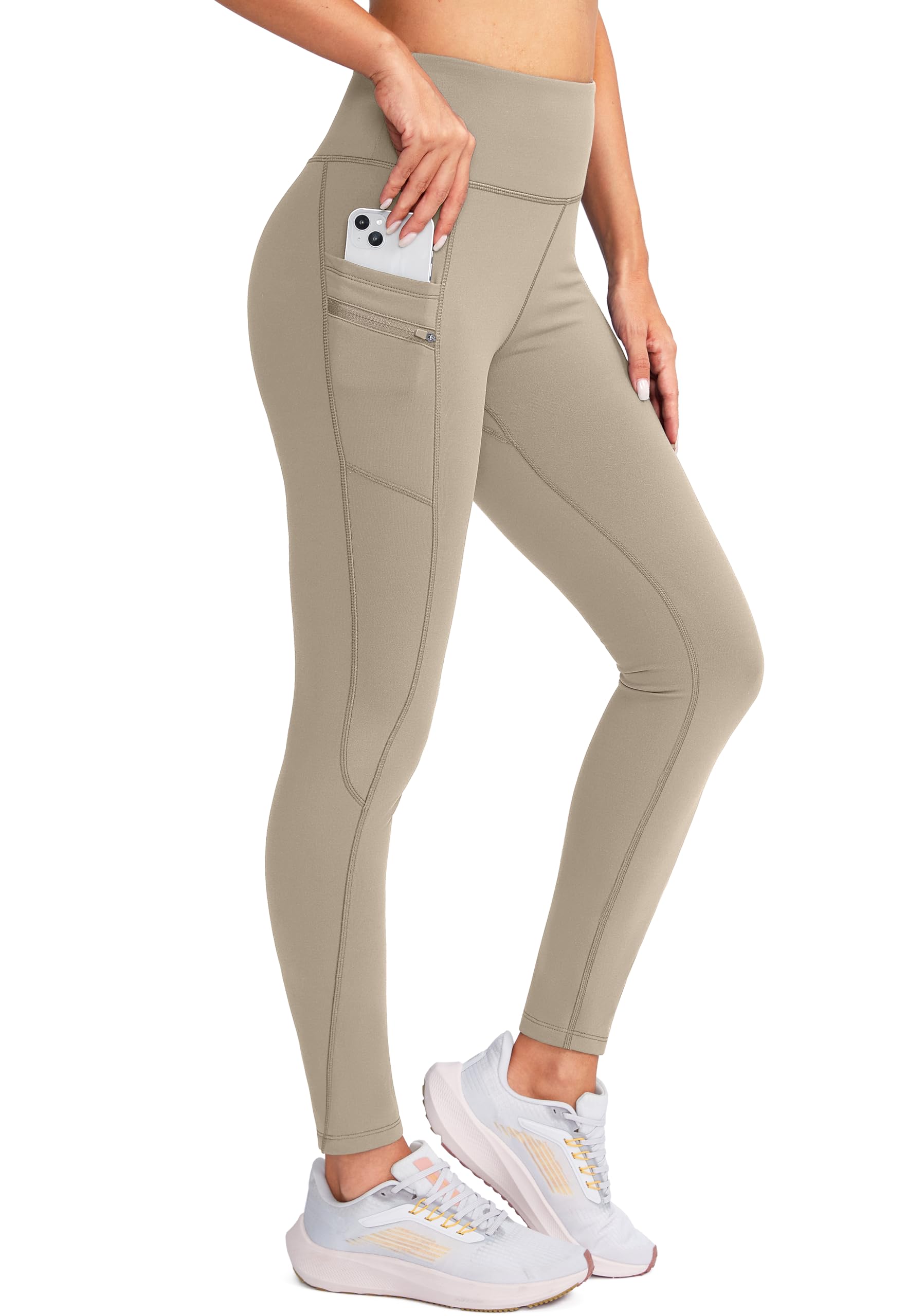 G Gradual Women's Fleece Lined Winter Leggings with Pockets Water Resistant High Waisted Thermal Warm Pants Running Hiking(Khaki,L) Image