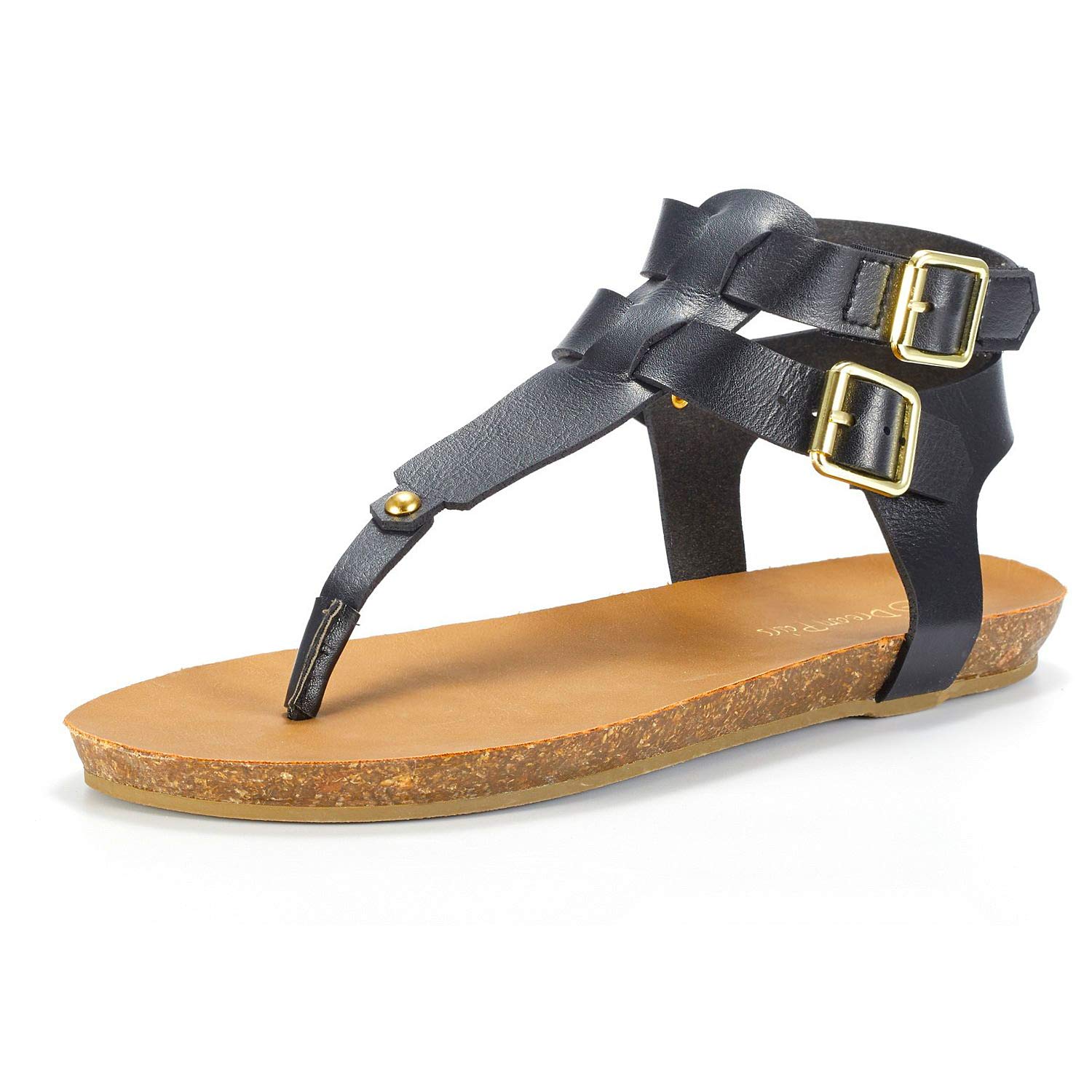 DREAM PAIRS Sandals for Women, Women's T-Strap Buckle Black Flat Sandals Size 8 M US Bold_03