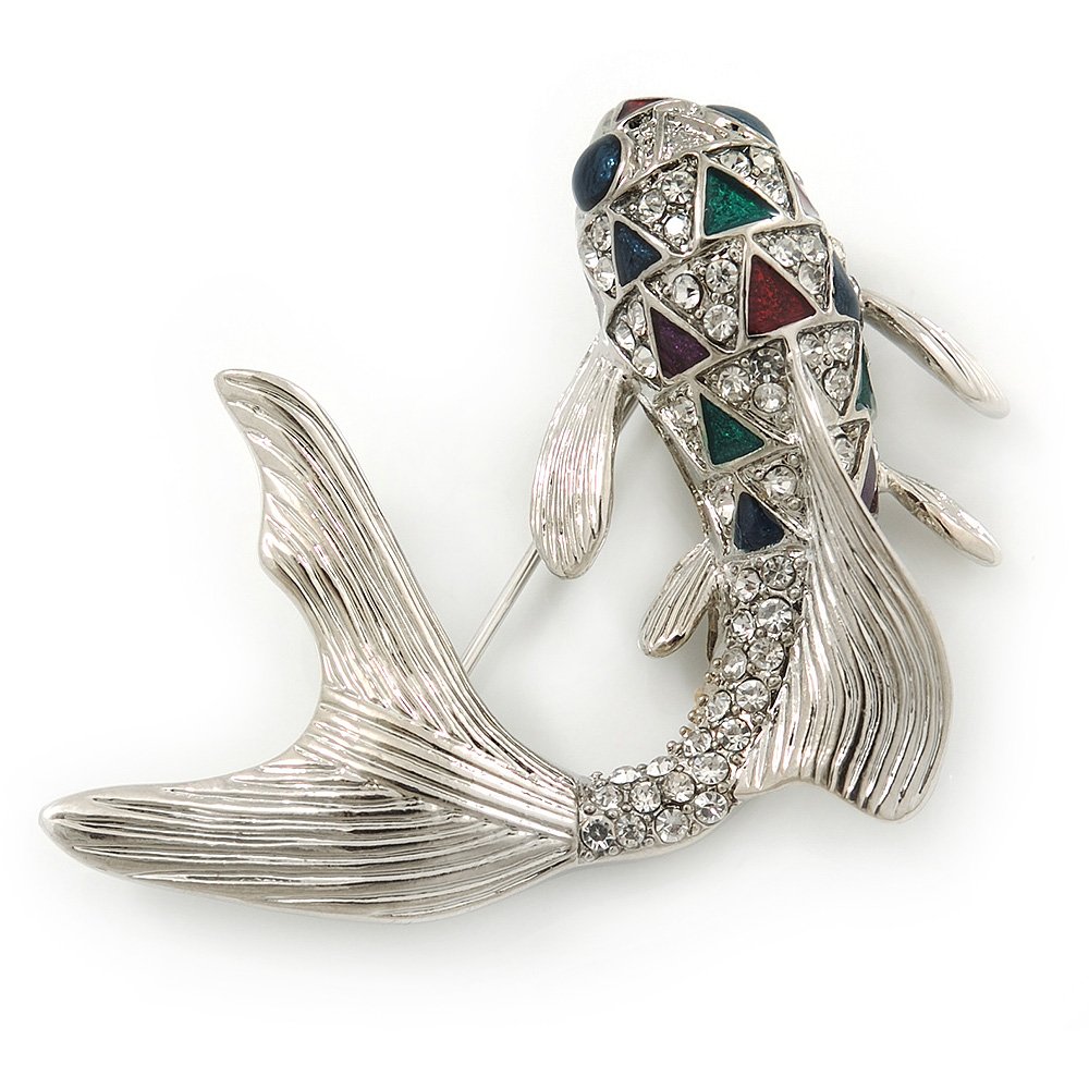 Rhodium Plated Diamante 'Fish' Brooch - 45mm Across