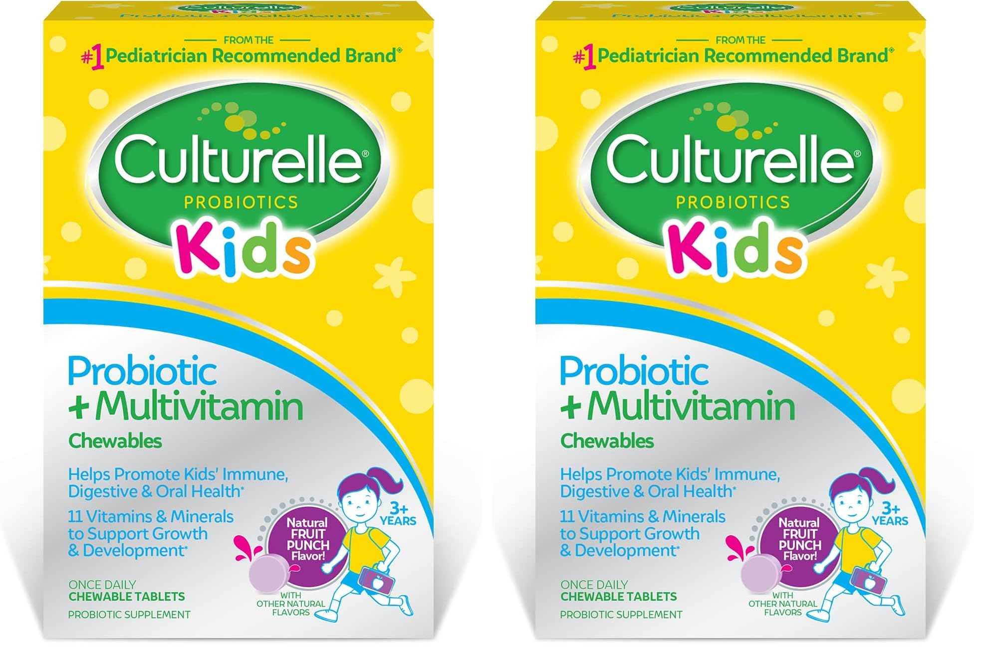 Culturelle Kids Probiotic + Complete Multivitamin Chewable for Kids,Ages 3+,Digestive Health,Oral Health&Immune Support-with 11 Vitamins&Minerals,Including Vitamin C,D3-&Zinc,30 Count (Pack of 2) Image