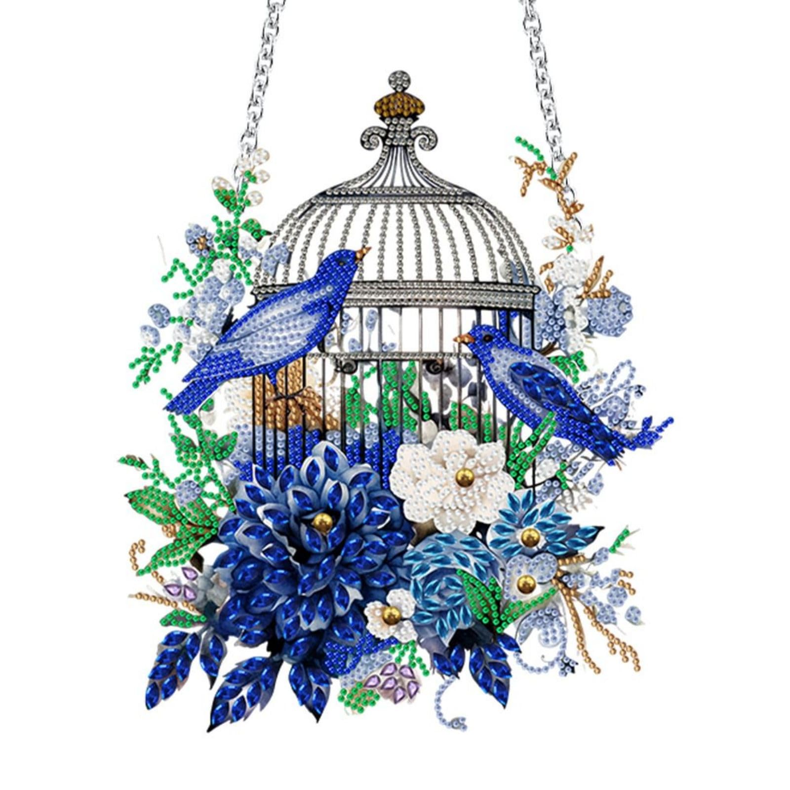 Lebartm DIY Diamond Art Painting Pendant Ornament Flower Birdcage Special Shaped Crystal Single Sided Diamond Hanging for Adult Home Garden Wall Door Decor