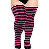 Moon Wood Plus Size Thigh High Socks for Women Knit Cotton Extra Long Striped Over the Knee High Socks Leg Warmers