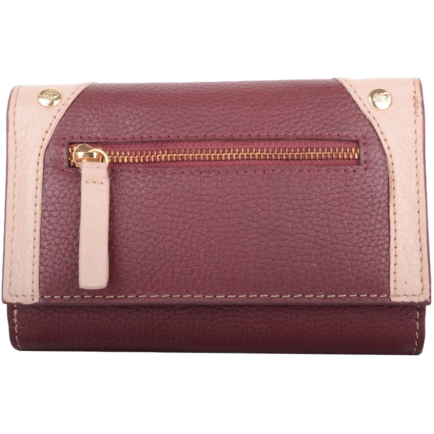 Valita Womens Tri-Fold Pebble Leather RFID Protected Purse with Zip Around Pocket - Burgundy/Beige
