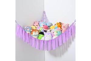 VISATOR Stuffed Animal Storage Macrame Boho Plush Toy Net Hammock For Stuffed Animals With Light Pet Net For Stuffed Animals Corner Hanging Stuffed Animal Holder Teddy Bear Net For Kids Room (Purple)