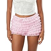 SYHVGI Women Mini Lace Shorts Y2K Sexy Ruffle Layered Elastic Waist Solid Color Bloomer Shorts Streetwear