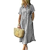 ebossy Women's Boho Striped Shirt Dress Button Up Side Slit Loose Mid Long Cotton Dress with Pockets