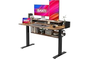 BANTI 55"x24" Standing Desk Adjustable Electric Height with Monitor Stand, Double Storage Shelves Stand Up Desk, Home Office Workstation Sit Stand up Desk (Rustic Brown)