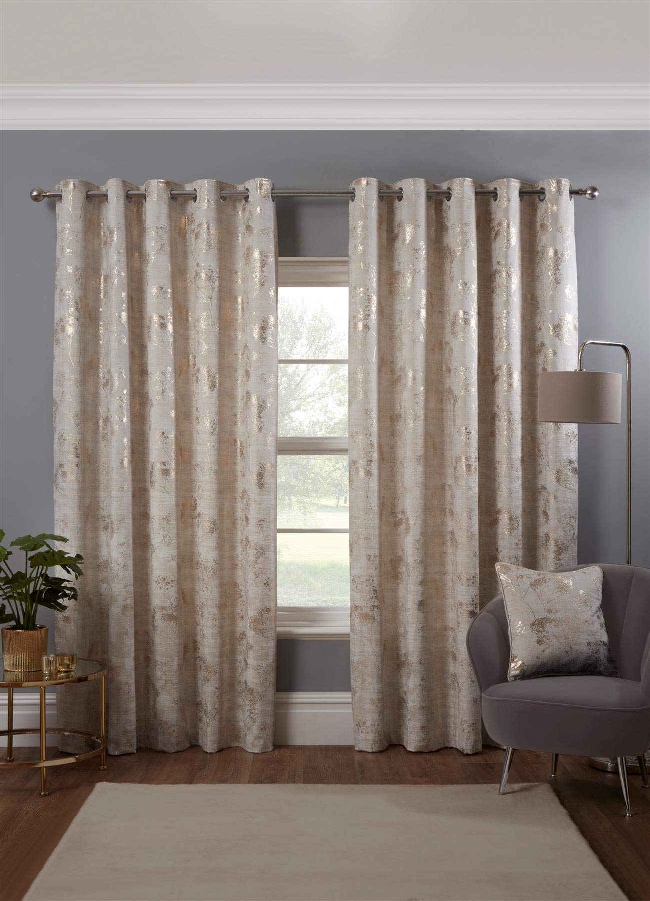 Osaka Japanese Eyelet Curtains 66 x 90 Natural Lined Metallic Velvet Trees